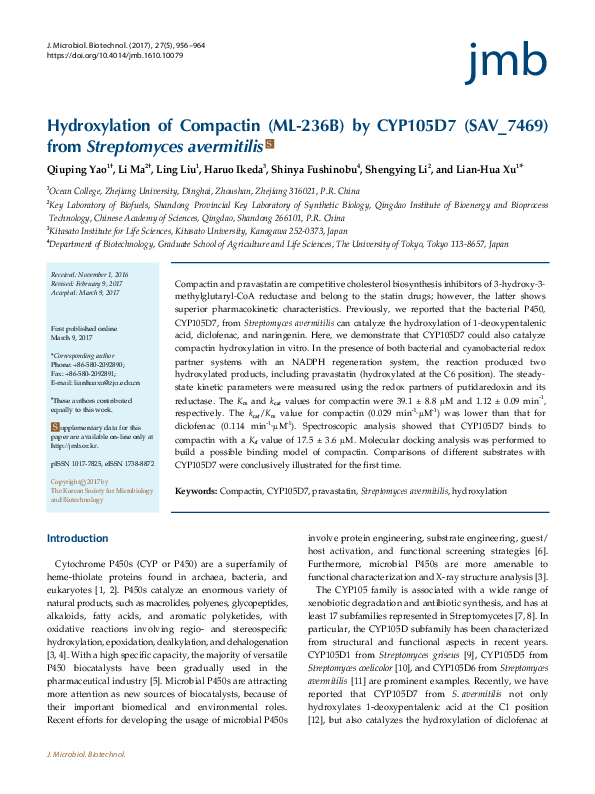 (PDF) Hydroxylation of compactin (ML-236B) by CYP105D7 (SAV_7469) from ...