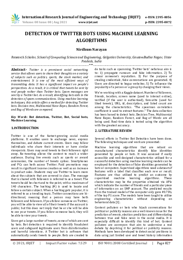 (PDF) IRJET- DETECTION OF TWITTER BOTS USING MACHINE LEARNING ALGORITHMS
