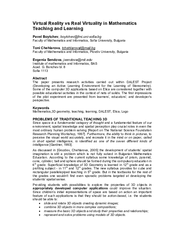 (PDF) Virtual Reality vs Real Virtuality in Mathematics Teaching and ...
