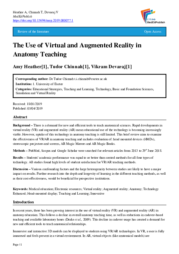 (PDF) The Use of Virtual and Augmented Reality in Anatomy Teaching