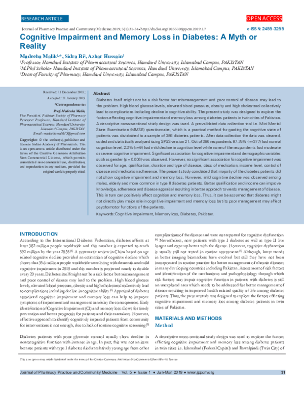 (PDF) Cognitive Impairment and Memory Loss in Diabetes: A Myth or Reality