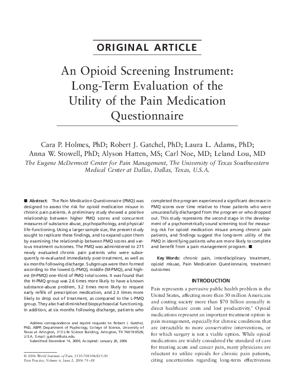 (PDF) An opioid screening instrument longterm evaluation of the utility of the Pain Medication
