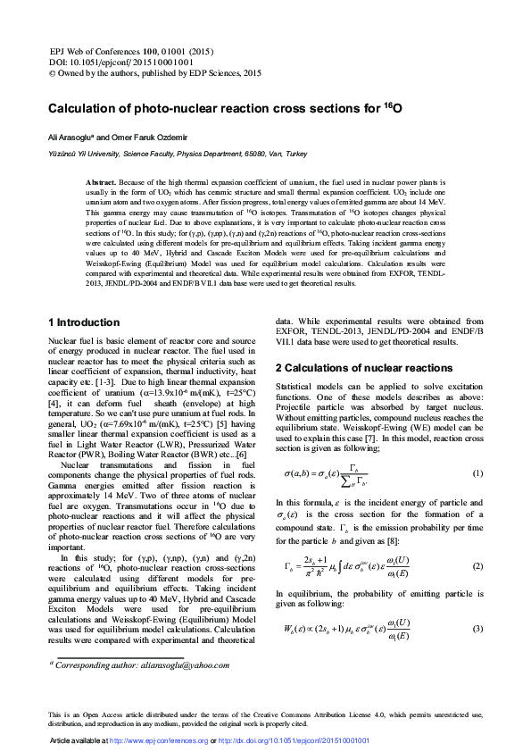 (PDF) Calculation of photo-nuclear reaction cross sections for 16 O