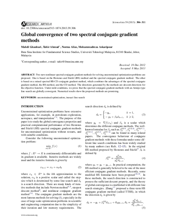 (PDF) Global convergence of two spectral conjugate gradient methods