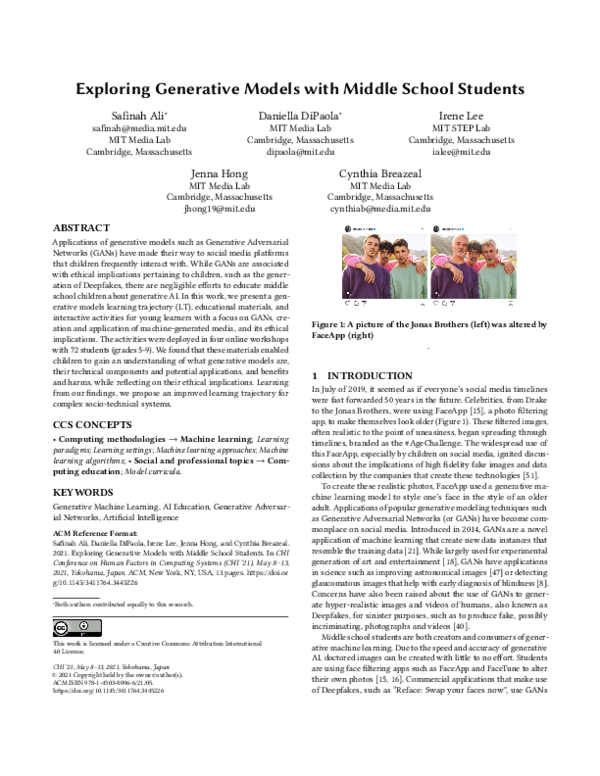 (PDF) Exploring Generative Models with Middle School Students