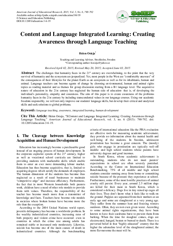 (PDF) Content and Language Integrated Learning: Creating Awareness ...