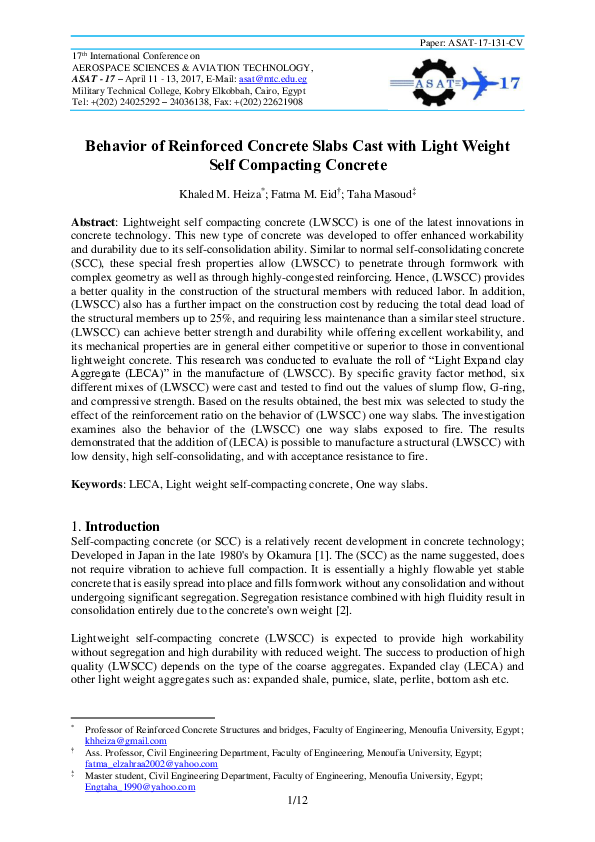 (PDF) Behavior of Reinforced Concrete Slabs Cast with Light Weight Self ...
