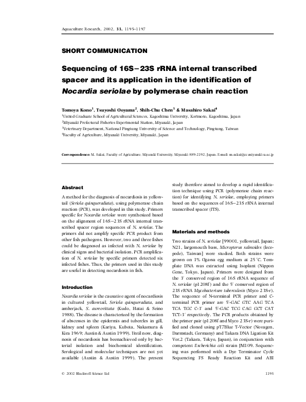 (PDF) Sequencing of 16S-23S rRNA internal transcribed spacer and its ...