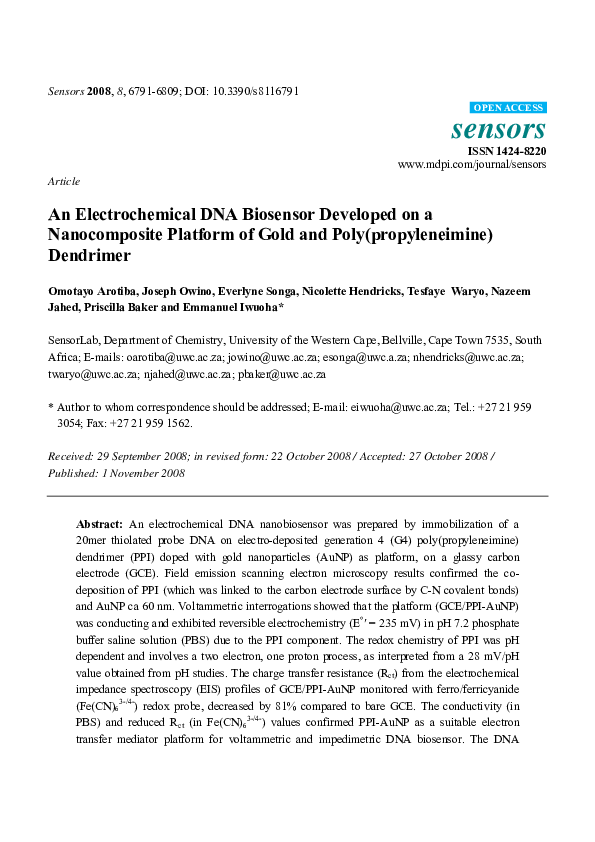 (PDF) An Electrochemical DNA Biosensor Developed on a