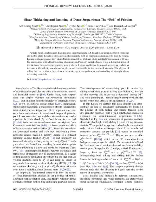 (PDF) Shear Thickening and Jamming of Dense Suspensions The “Roll” of