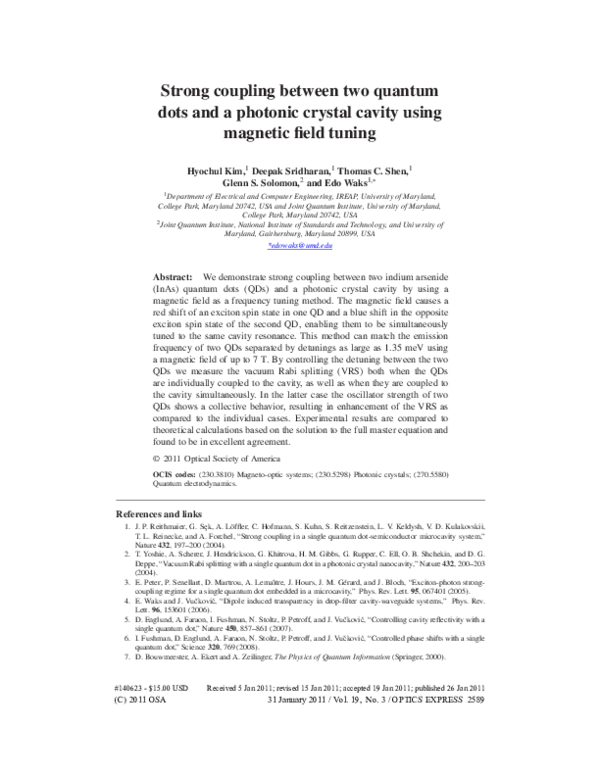 (PDF) Strong coupling between two quantum dots and a photonic crystal ...