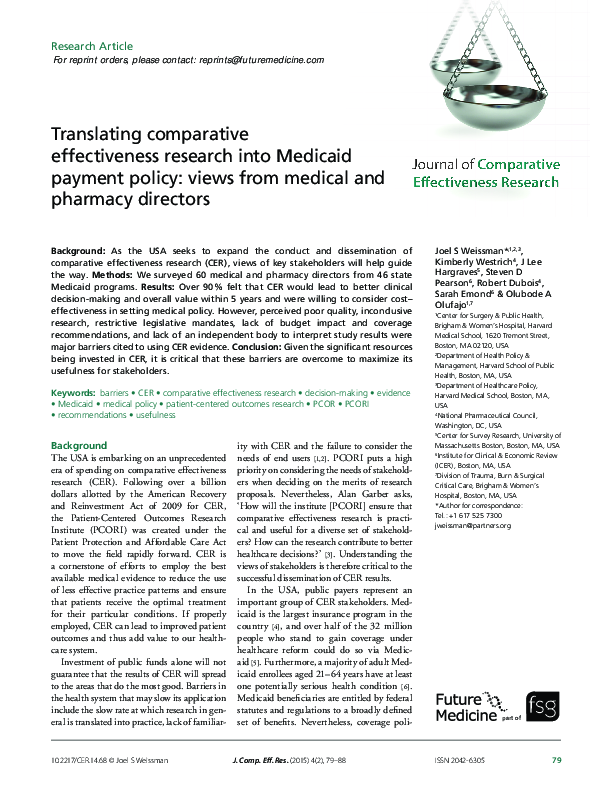 (PDF) Translating comparative effectiveness research into Medicaid ...