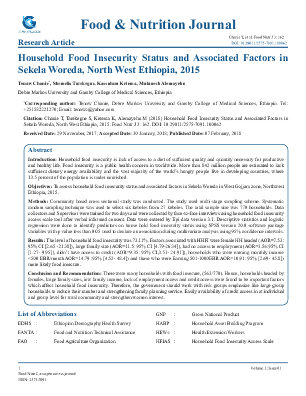 (PDF) Household Food Insecurity Status and Associated Factors in Sekela ...