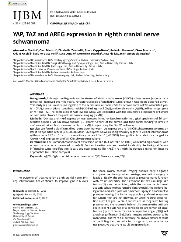 (PDF) YAP, TAZ and AREG expression in eighth cranial nerve schwannoma