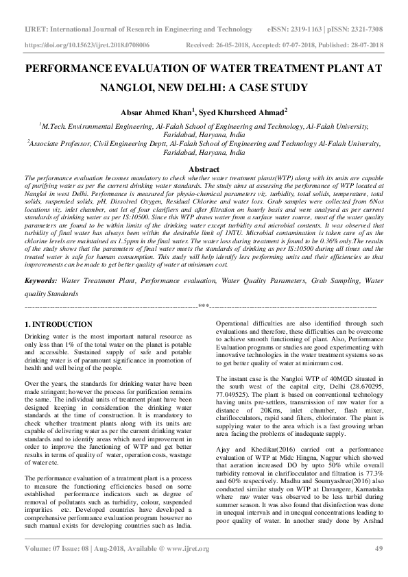(PDF) Performance evaluation of water treatment plants based on
