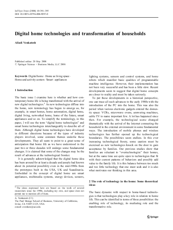 (PDF) Digital home technologies and transformation of households