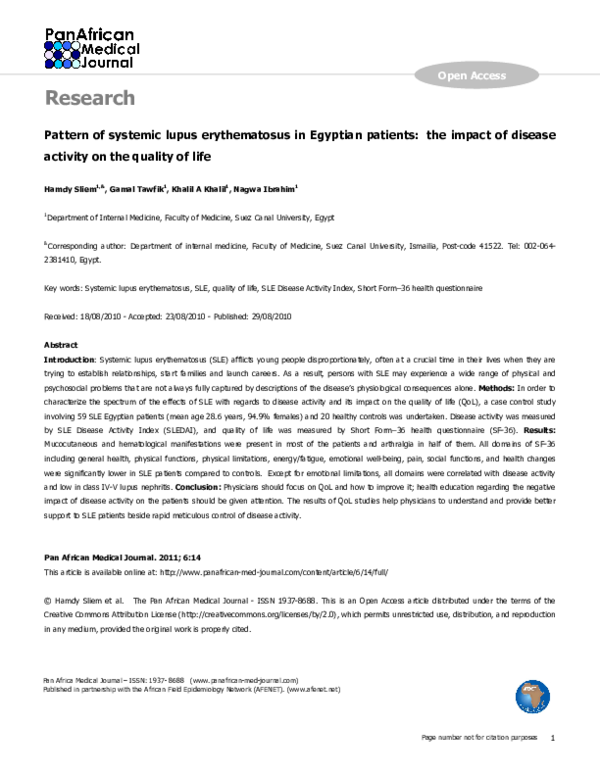 (PDF) Pattern of systemic lupus erythematosus in Egyptian patients: the ...