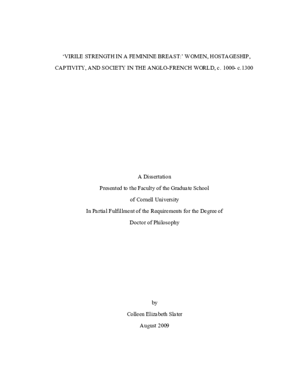 Virile Strength In A Feminine Breast': Women, Hostageship, Captivity, And Society In The Anglo-French World, C. 1000-C. 1300