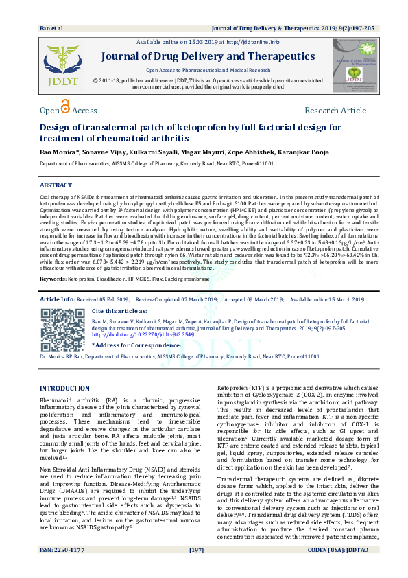 (PDF) Design of transdermal patch of ketoprofen by full factorial ...