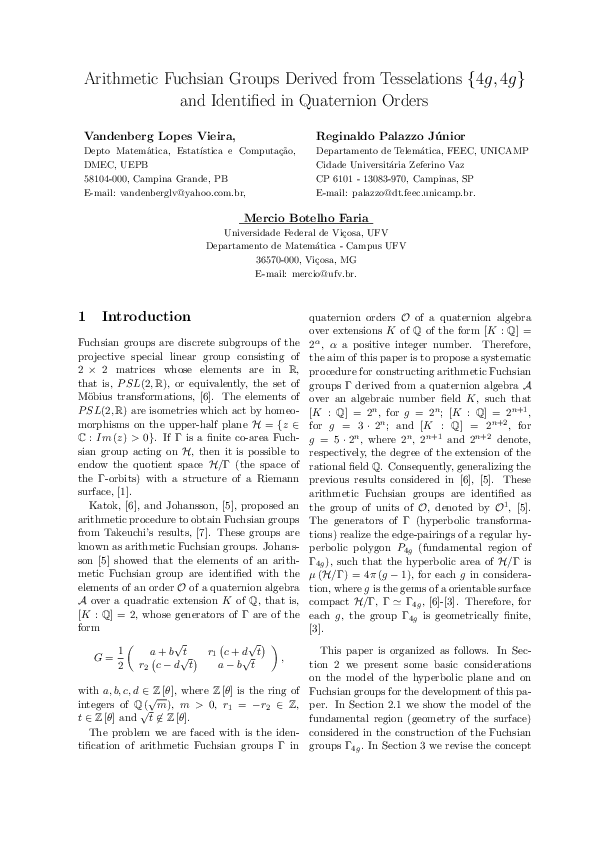 (PDF) Arithmetic Fuchsian Groups Derived from Tesselations {4g, 4g} and