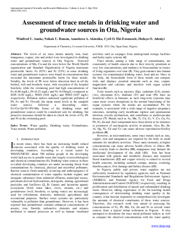 (PDF) Assessment of trace metals in drinking water and groundwater ...