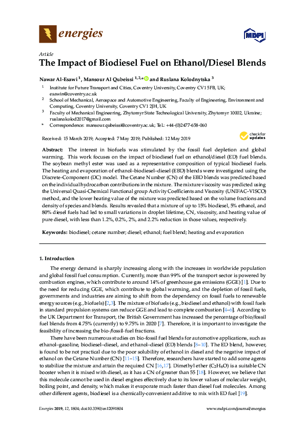 (PDF) The Impact of Biodiesel Fuel on Ethanol/Diesel Blends