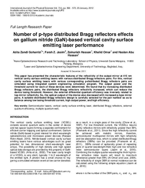 (PDF) Number of p-type distributed Bragg reflectors effects on gallium ...