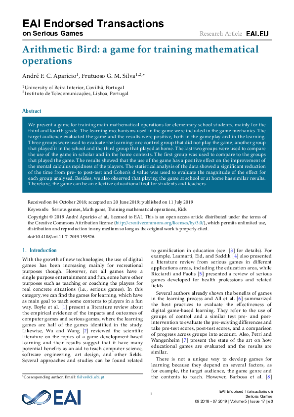 (PDF) Arithmetic Bird: a game for training mathematical operations