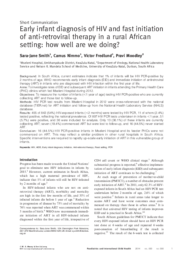 (PDF) Early infant diagnosis of HIV and fast initiation of anti ...