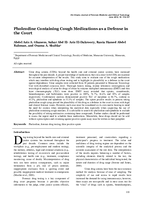(PDF) Pholcodine Containing Cough Medications as a Defense in the Court