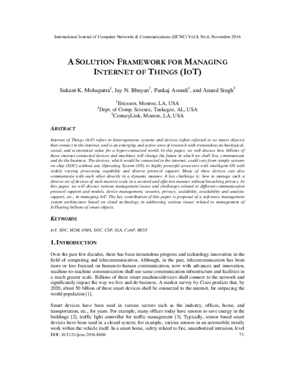(PDF) A Solution Framework for Managing Internet of Things (IOT)