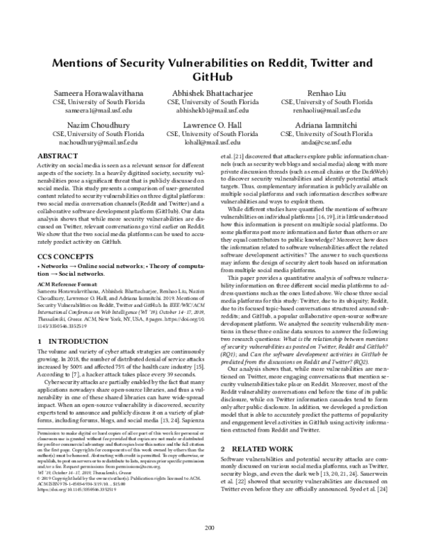 (PDF) Mentions of Security Vulnerabilities on Reddit, Twitter and GitHub