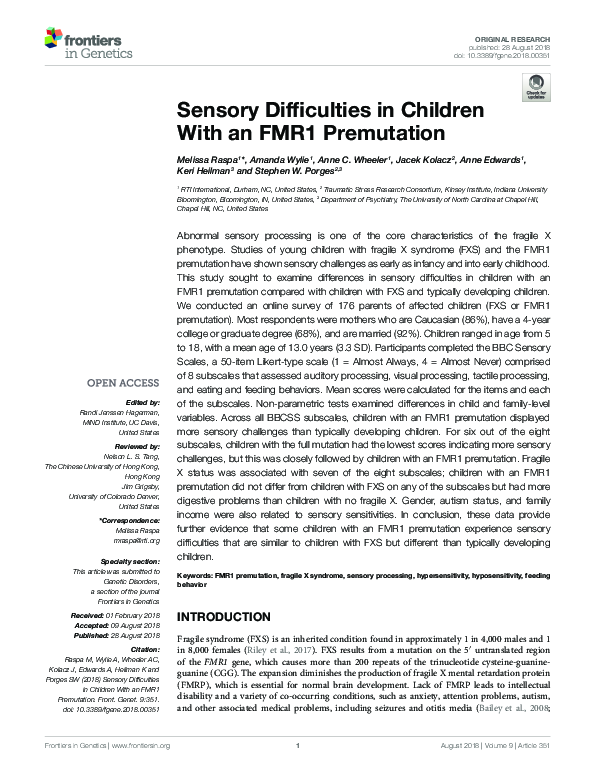 (PDF) Sensory Difficulties in Children With an FMR1 Premutation
