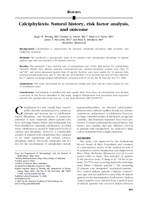 (PDF) Calciphylaxis: Natural history, risk factor analysis, and outcome