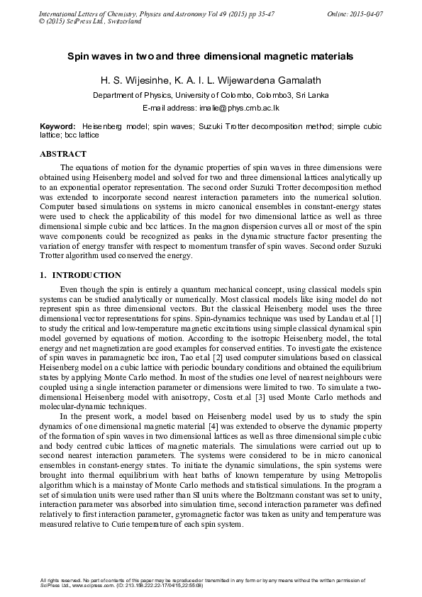 (PDF) Spin Waves in Two and Three Dimensional Magnetic Materials