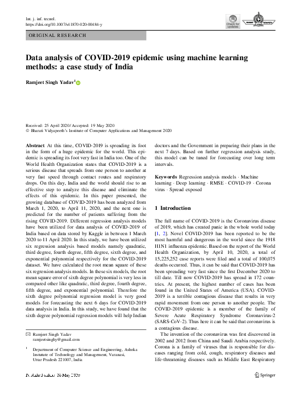 (PDF) Data analysis of COVID-2019 epidemic using machine learning ...