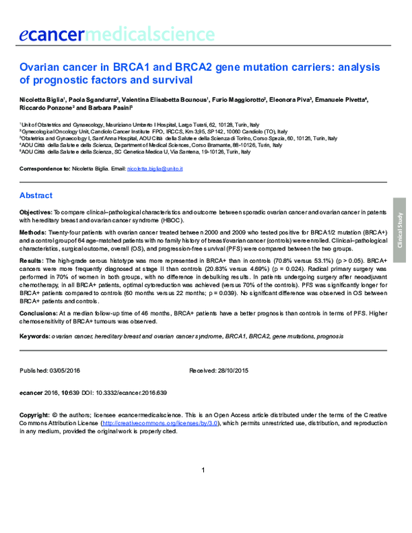 (PDF) Ovarian cancer in BRCA1 and BRCA2 gene mutation carriers ...
