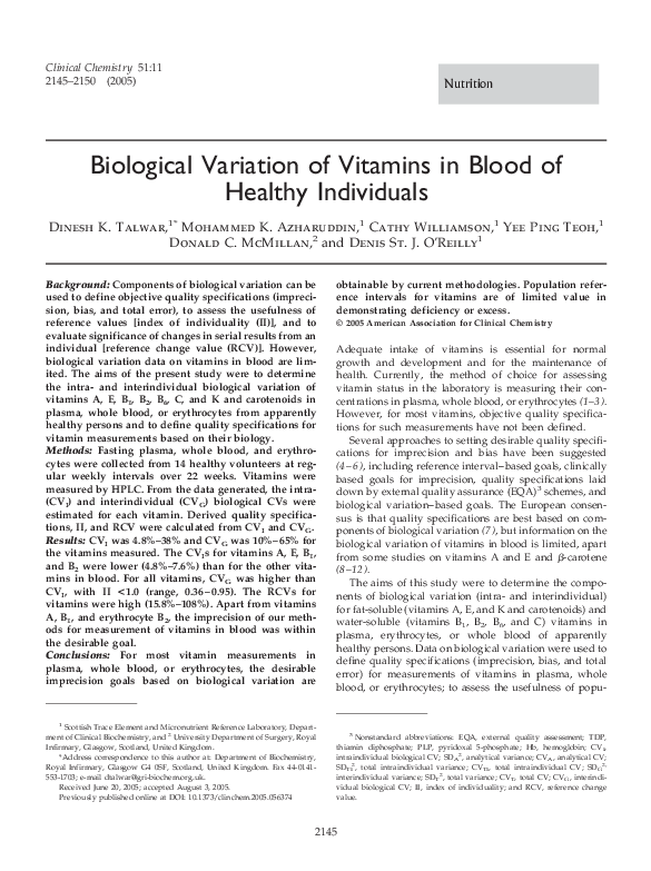 (PDF) Biological Variation of Vitamins in Blood of Healthy Individuals