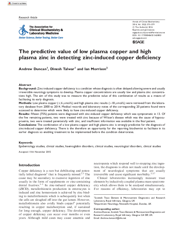 (PDF) ANNALS EXPRESS The predictive value of low plasma copper and