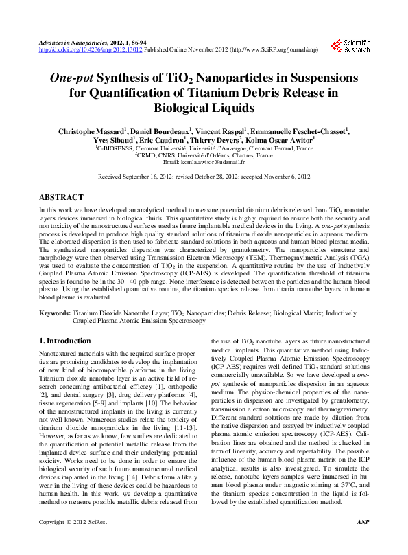 (PDF) One-pot Synthesis of TiO2 Nanoparticles in Suspensions for ...