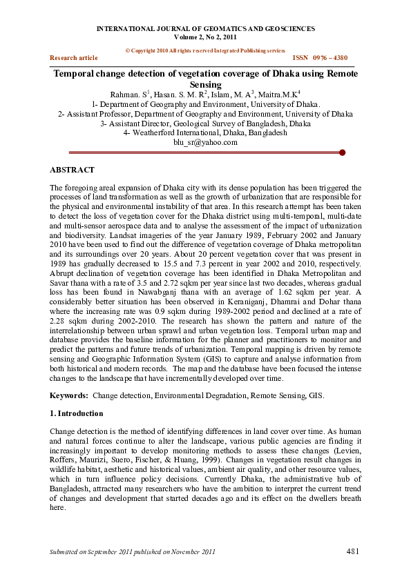 (PDF) Temporal change detection of vegetation coverage of Dhaka using ...