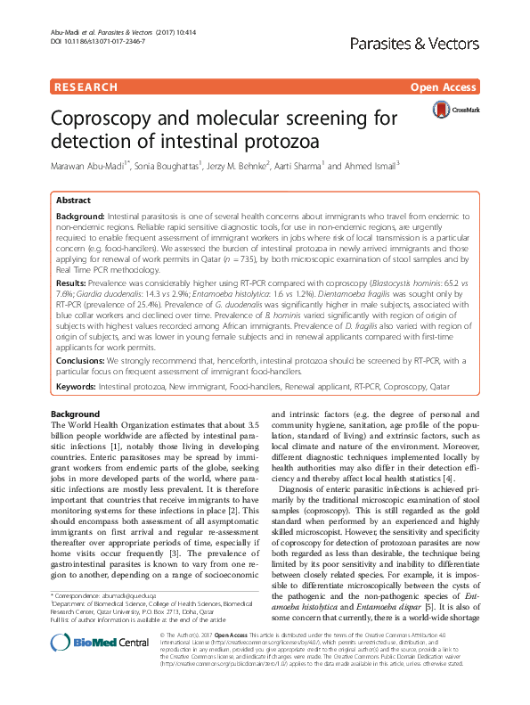 (PDF) Coproscopy and molecular screening for detection of intestinal ...