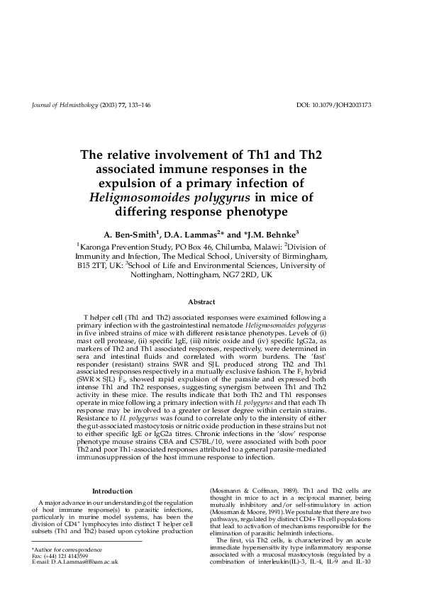 (PDF) The relative involvement of Th1 and Th2 associated immune ...