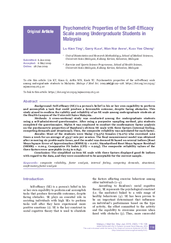 (PDF) Psychometric Properties of the Self-Efficacy Scale among ...