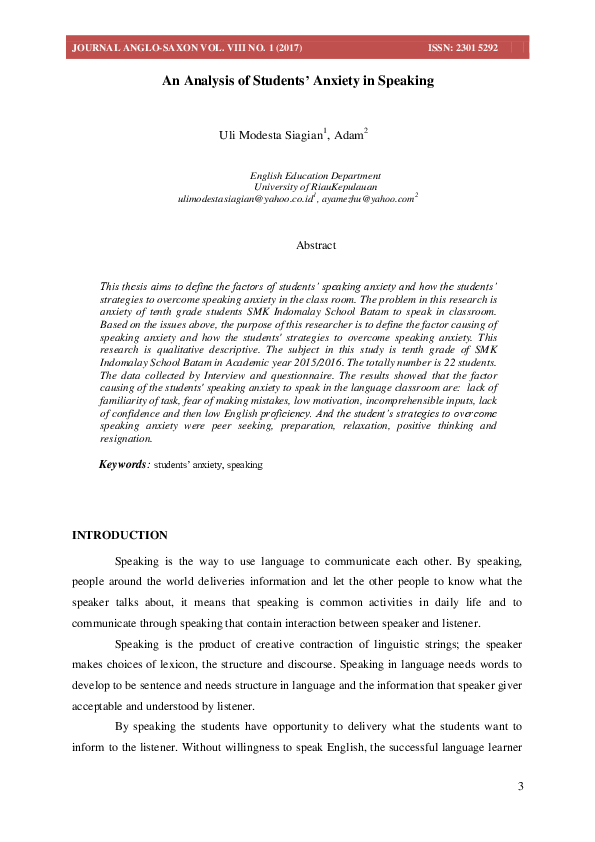 (PDF) An Analysis of Students’ Anxiety in Speaking