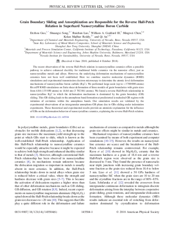 (PDF) Grain Boundary Sliding and Amorphization are Responsible for the ...