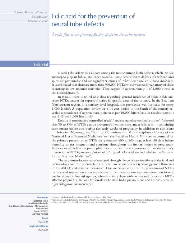 (PDF) Folic Acid for the Prevention of Neural Tube Defects ...