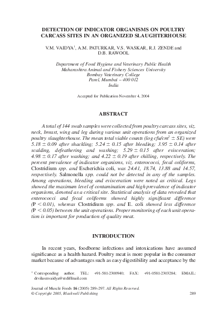 (PDF) Detection of Indicator Organisms on Poultry Carcass Sites in an ...