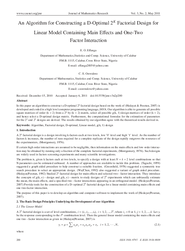 (PDF) An Algorithm for Constructing a D-Optimal 2^K Factorial Design ...