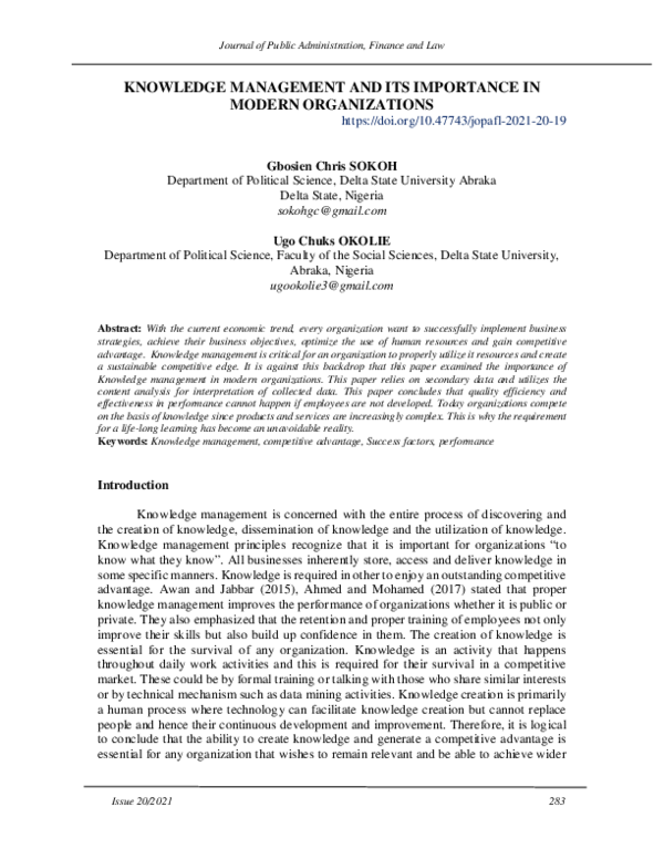 (PDF) Knowledge Management and Its Importance in Modern Organizations